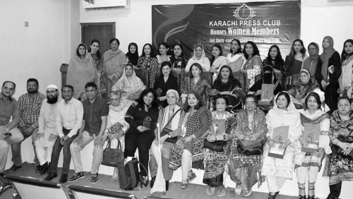 Senior women members and office bearers of the Karachi Press Club after a ceremony that the press body organised to present awards to the women who contributed their input considerably to the field of journalism, recently. The ceremony was attended by politicians Nusrat Sehar Abbasi and Sharmila Farooqui also.